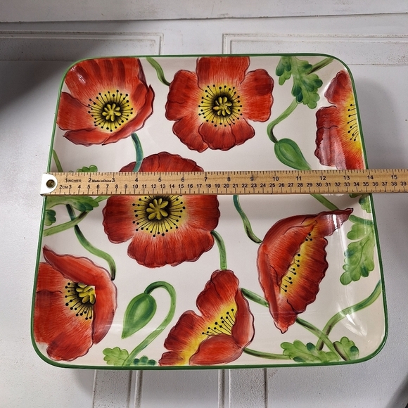 Vintage Clay Art Hand Painted Poppies 2001 Big Platter & Small Plate Red Orange - Picture 6 of 9